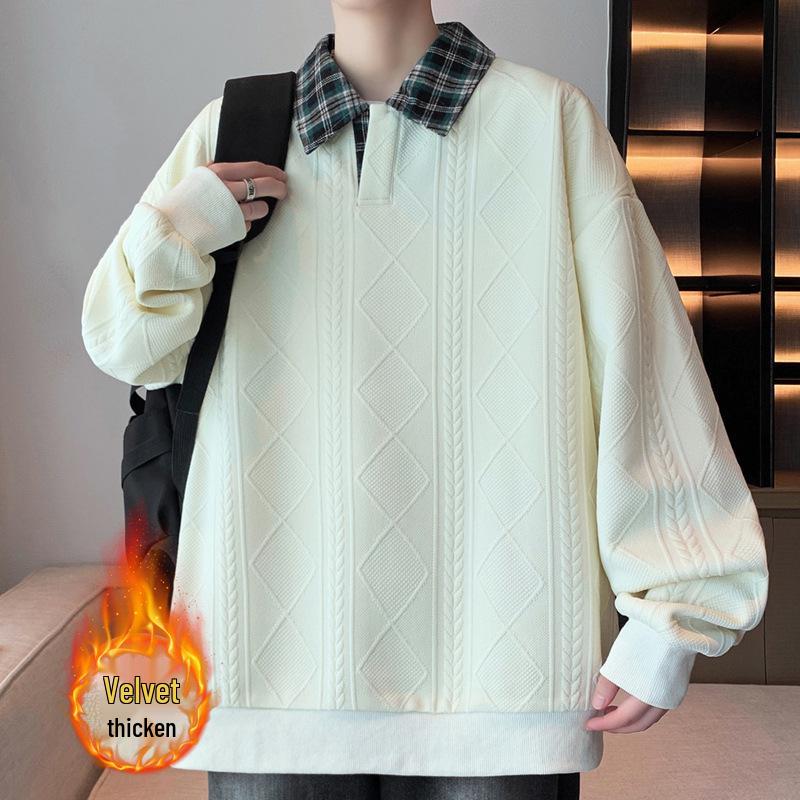 

Men s Trendy Jacquard Lapel Hoodie, Plus Velvet, Loose Fit, Large Size, Casual Long Sleeve Top for Autumn/Winter 2025 2XL бежевий