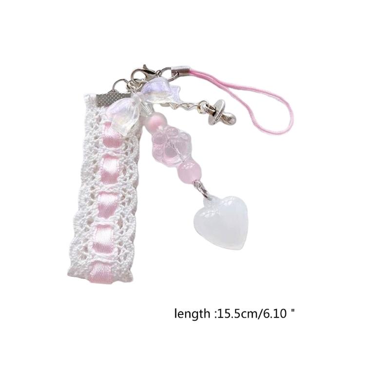 Dainty Lace Ribbon Keyring Cute Heart Pendant Keychain Colorful Beaded Phone Lanyard Multi-Functional Bags Accessories