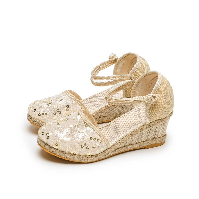 

Женские сандалии на танкетке в сетку Baotou Классические женские льняные сандалии с пряжкой 34 бежевый