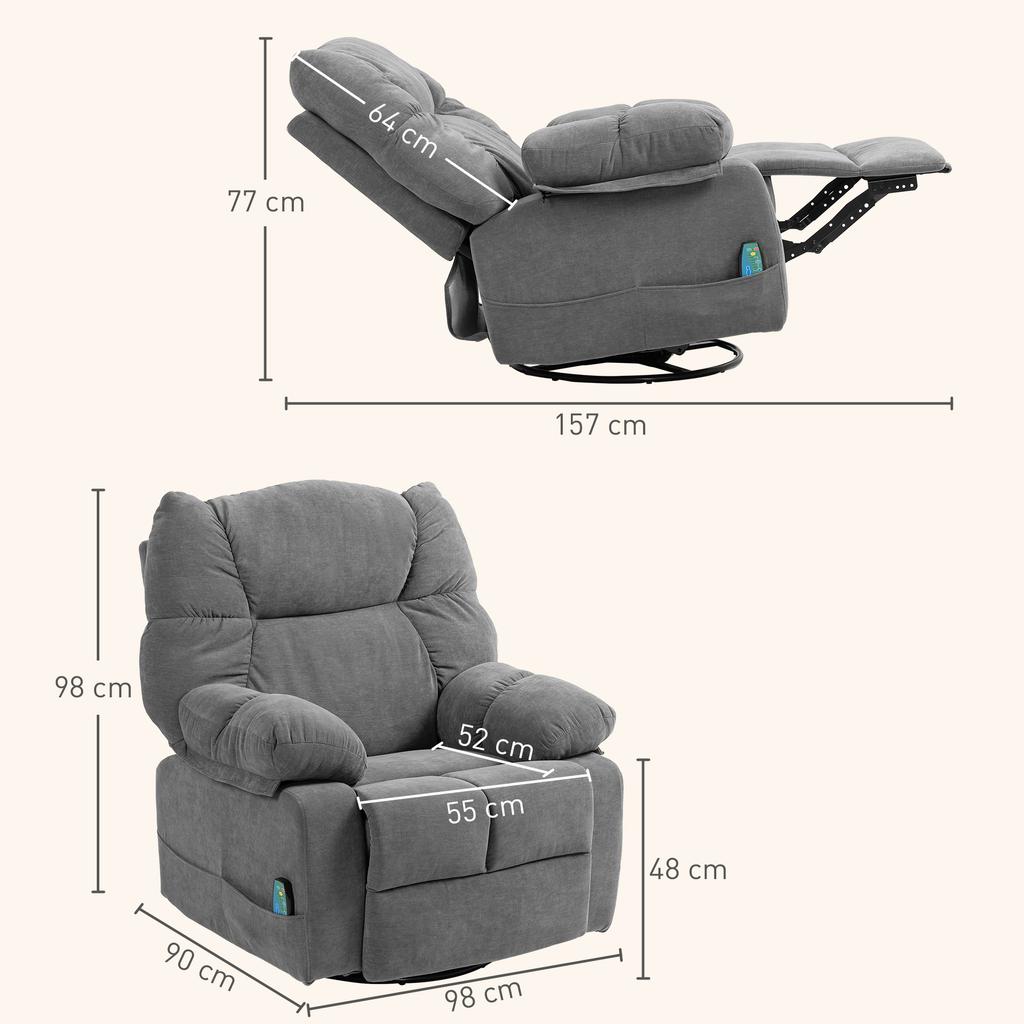 Recliner with Massage Function, Reclining Function, Swivel Massage Chair, 4 Side Pockets and Remote Control, Dark Gray