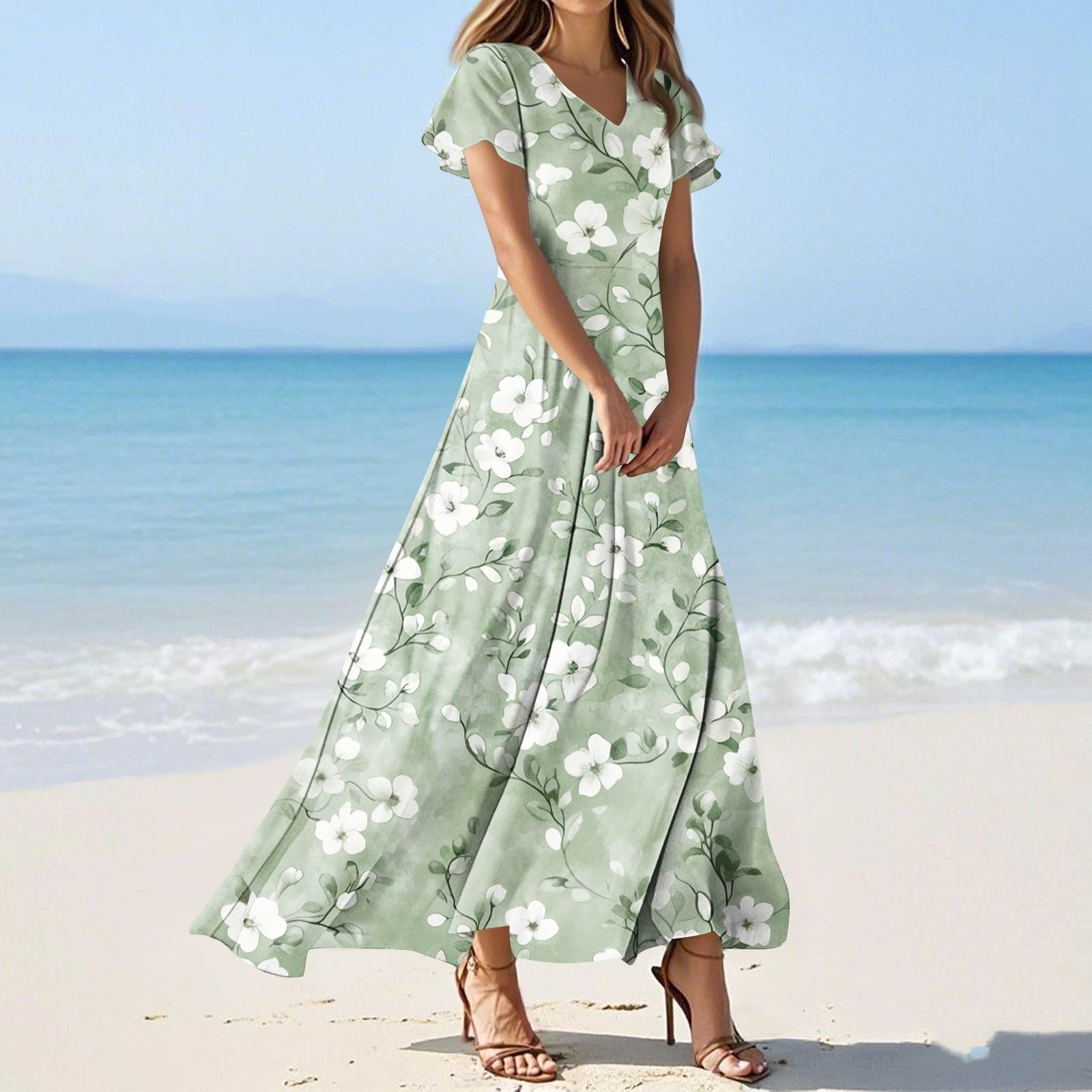 

Женские летние платья Повседневный сарафан Свободные платья с V-образным вырезом и струящимися оборками с короткими рукавами XS