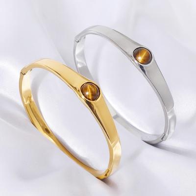 European Retro Yellow Tiger Eye Stone Bracelet, Stainless Steel, Court Style, Simple Design for Women