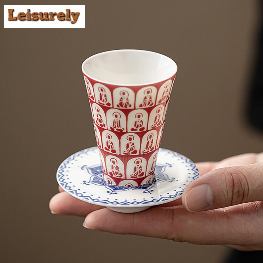 35ML Creative Thousand Buddha Teacup White Porcelain Red Dust Cup Saucer Set Tea Bowl with Holder Kit Personal Chazahan Teaset