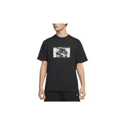 T-shirt męski z krótkim rękawem i okrągłym dekoltem z nadrukiem logo litery, czarny DR5758-010