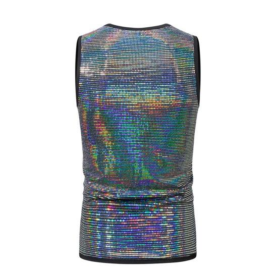Sommerweste für Herren, metallisch glänzend, Rundhalsausschnitt, ärmellos, schmale Passform, dehnbar, mittlere Länge, Club-Performance, Bühnenshow, Pullover, Tanktop
