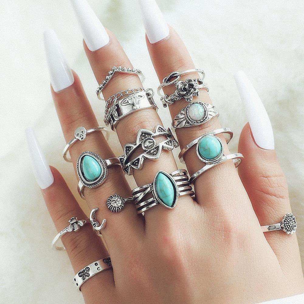 New European and American Bohemian Style Turquoise Ring with Unique Butterfly, Bee, and Floral Designs14Women's set
