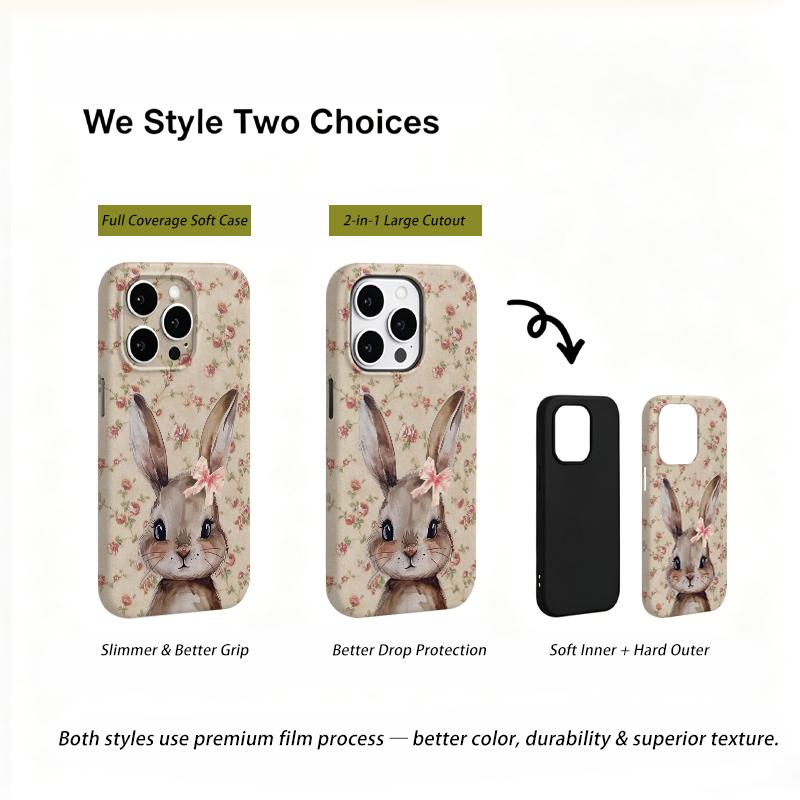 Charming Vintage Rose Floral Bunny Art Print Film Aesthetic Protective Shockproof Bumper Phone Case Cover For iPhone 14 15 16 17 Pro Max Plus