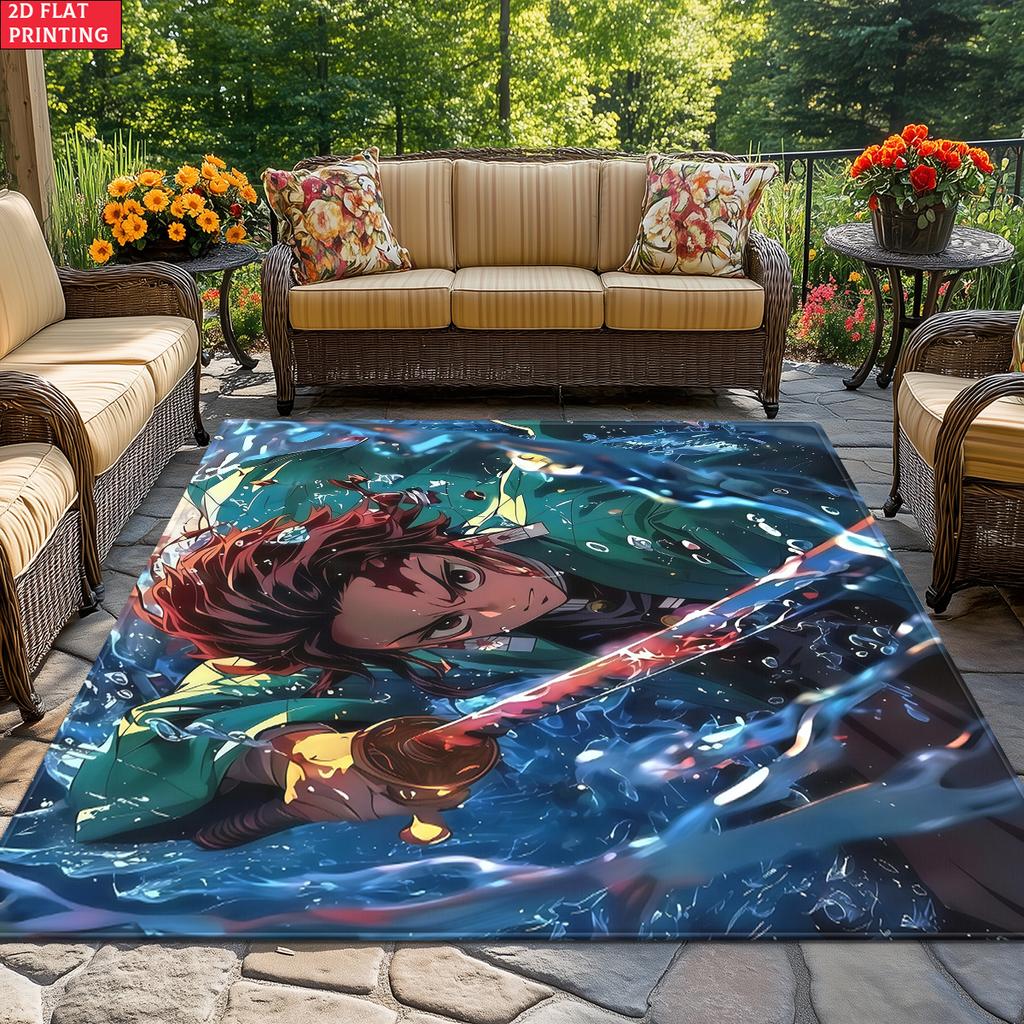 Anime Swordsman Area Rug, Water Theme Floor Mat, Decorative Carpet for Gaming Room Bedroom Living Room, Washable Home Decor Gift