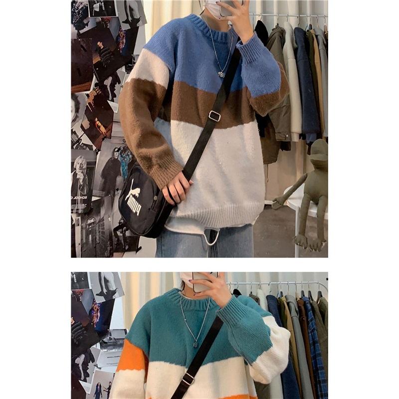  Color Block Crew Neck Sweater Men Loose Fit Casual Knit Pullover Jumper