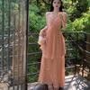 Sweet and Sexy Neck Sling Dress, Summer Temperament, High-end Seaside Vacation Dress, Waist Pleated Skirt