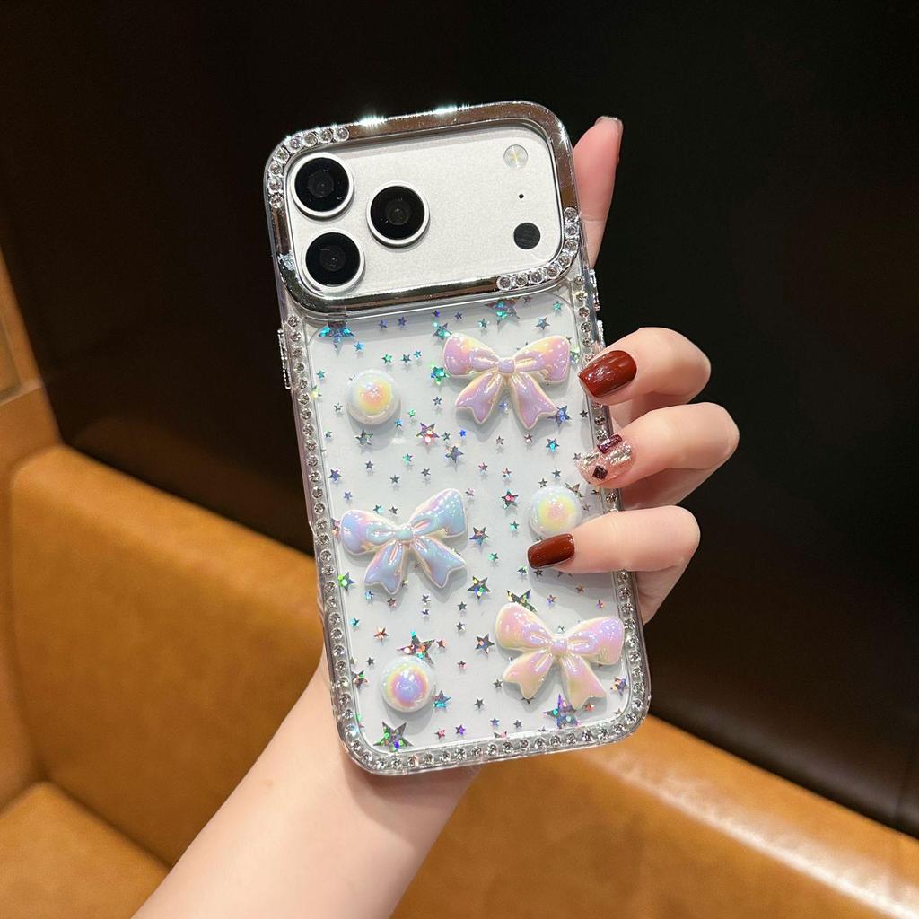 Iridescent Star Diamond Bow Case for Apple 17 Pro Max/Cute Simple Fit for Apple 16/12/11