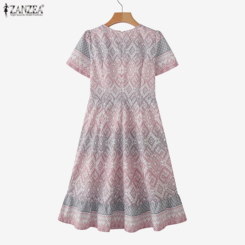ZANZEA Women Casual Round Neck Summer Short Sleeve Print Dress