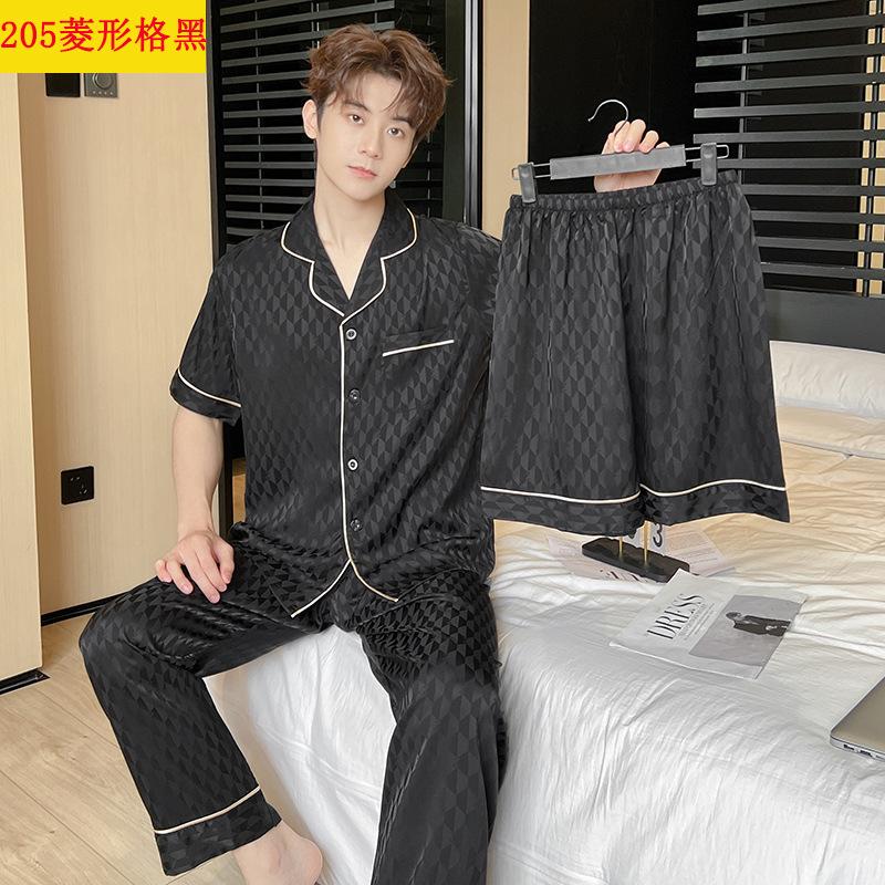 Pajamas Men's Summer Ice Silk Short-sleeved Trousers and Shorts Three-piece Set Jacquard High-end Spring, Autumn and Summer Loungewear Set