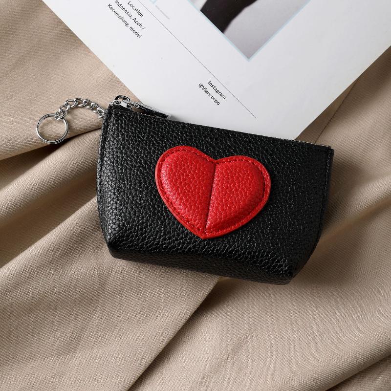 Color-Blocked Heart-Shaped Keychain Wallet Pu Mini Coin Purse For Women