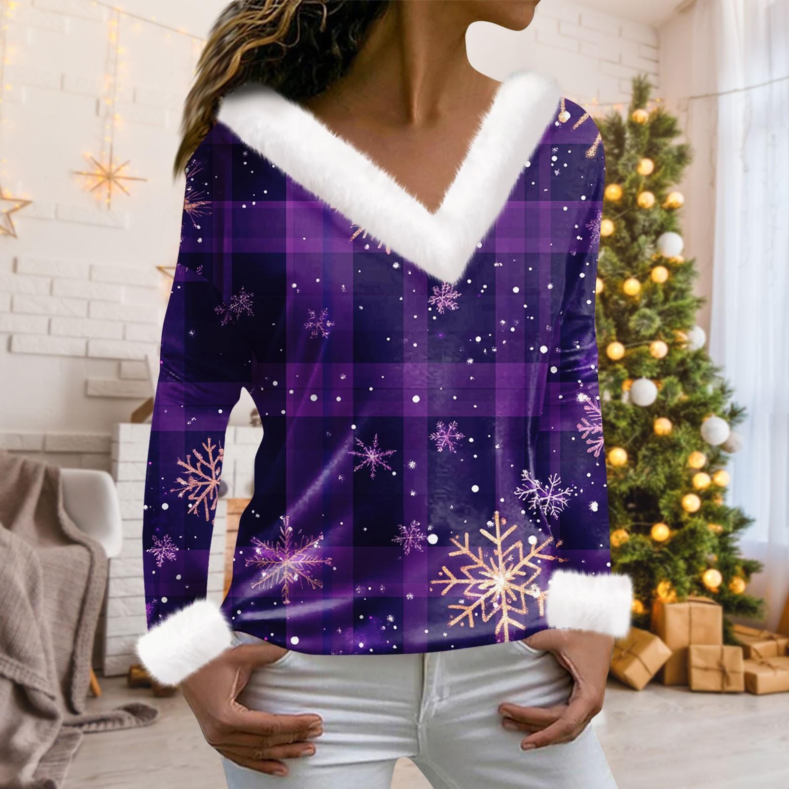 

Женская мода с длинным рукавом и рождественским принтом для вечеринок, плюшевый повседневный топ с V-образным вырезом L