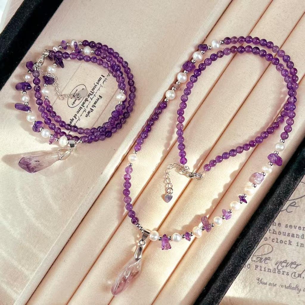Vintage Romantic Natural Amethyst Freshwater Pearl Sweater Chain Necklace Clavicle Chain Pendant