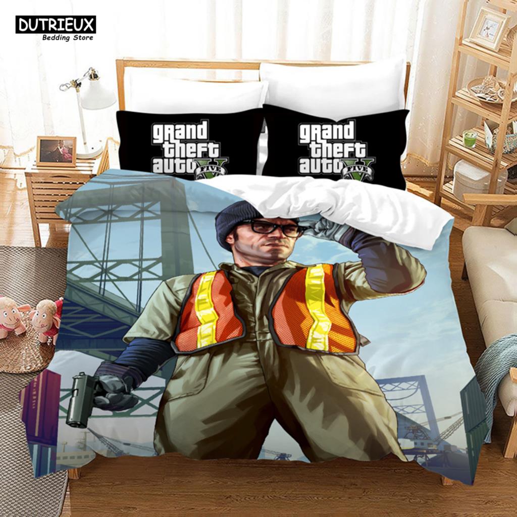 GTA V Game - Themed Cartoon Bedding Set with Duvet Cover and Pillowcase, Including Comforter