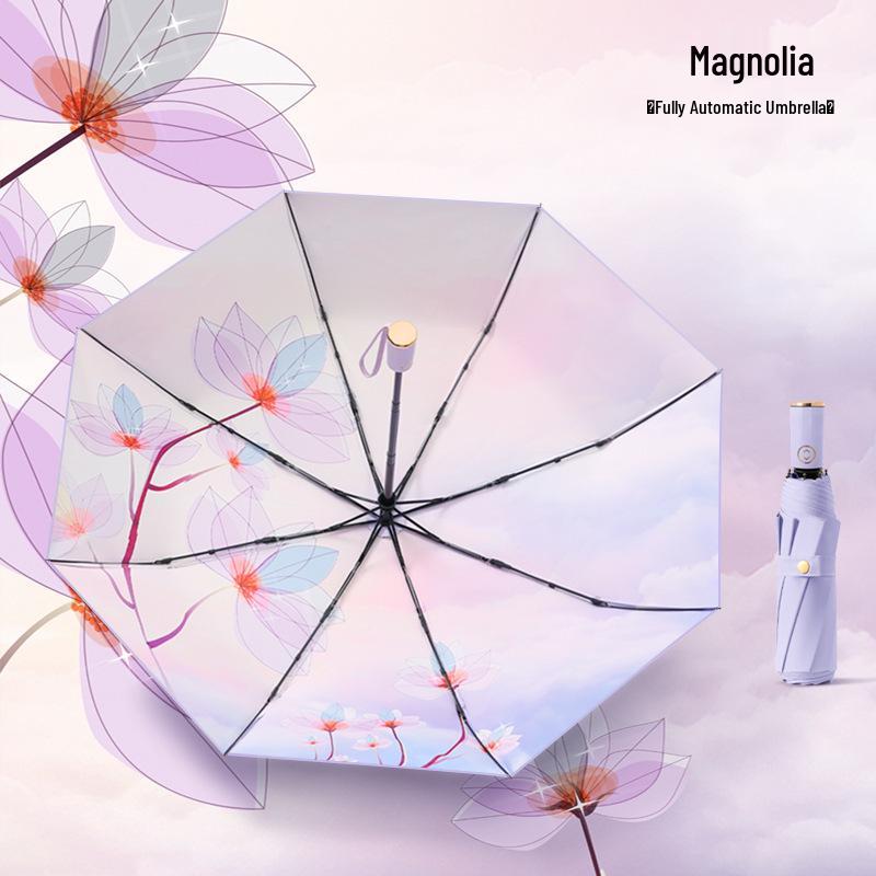 Dreilagiger floraler Automatikschirm mit UV-Schutz, doppelt verwendbar für Sonne und Regen, Digitaldruck mit passendem Griff - Auf Lager