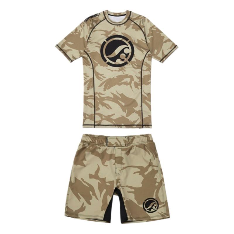 Rashguard a Fight Shorts pro Grappling Brazilské Jiu-Jitsu No Gi Pánský Sportovní Ležérní Tričko Set Letní Styl Camo Les a Poušť