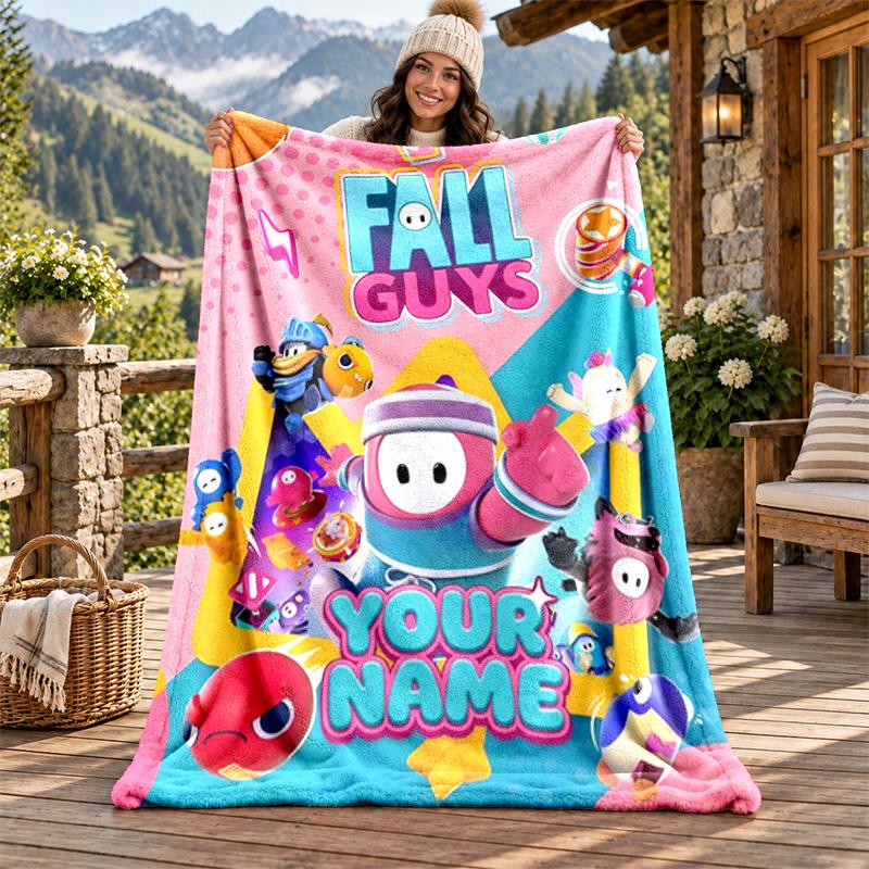 Fall Guys Custom Name Flannel Blanket Personalized Soft Warm Plush Throw Blanket Customized Gift for Family Friends