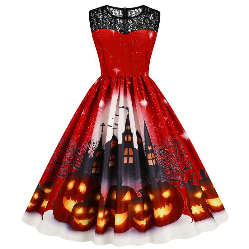 Fashion Halloween round Neck Lace Patchwork Pumpkin Cartoon Print Silm Sleeveless Swing Dress Female Dress
