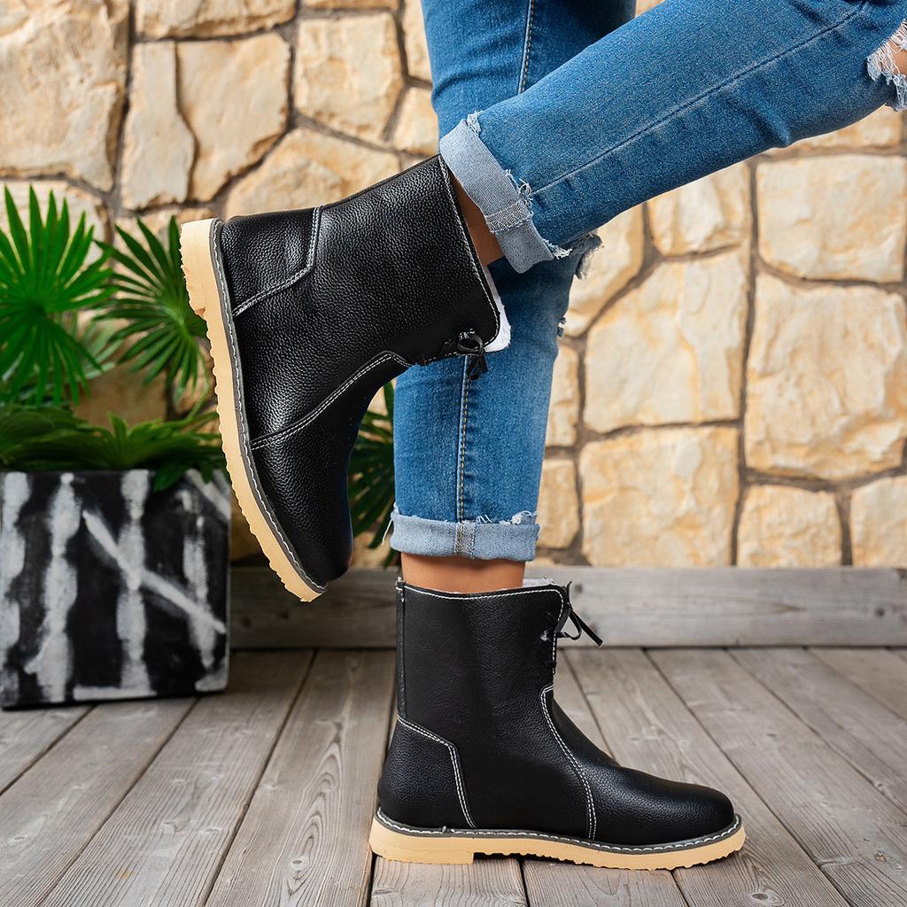 Shoes for Women Plus Size 36-43 Ankle Boots PU Leather Casual Lace Up Plush Warm Snow Boots Solid Color Platform Botas De Mujer