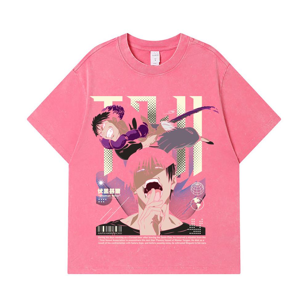 275 GSM Washed T-shirts 100% Cotton Jujutsu Kaisen V47 Toji Print Unisex Heavy Cotton T Shirt
