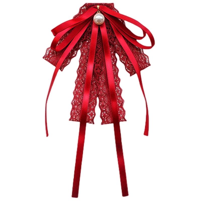 

Uniform Lace Ribbon Bowtie Brooch Pin Pearl Bowknot Shirt Jabot Collar Necktie вина червоного кольору