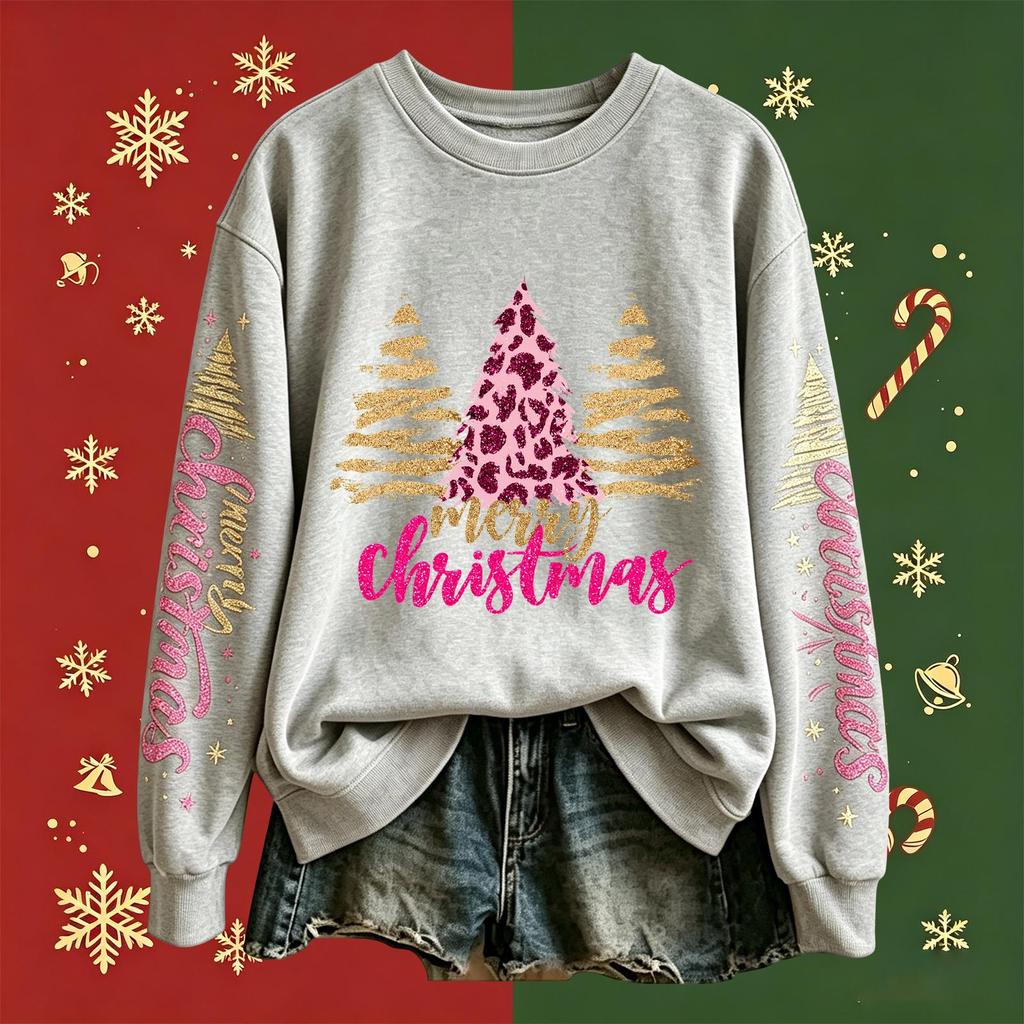 Women's Fashion Long Sleeve Crewneck Pullover Sweatshirt with Christmas Print Top