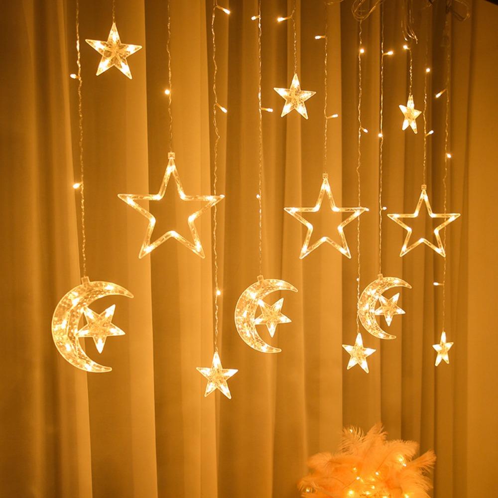EU Plug LED Curtain Lights 220V Pentagram Star Lights Garden Lamp Moon Star String Lights  Patio