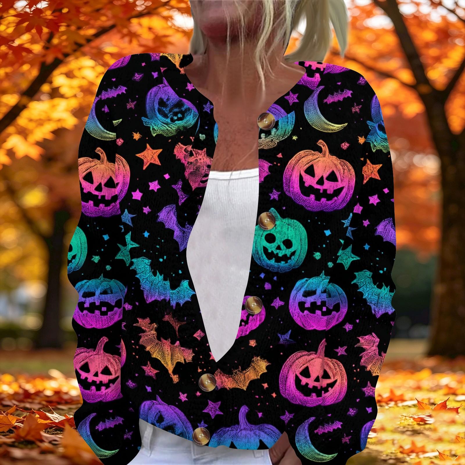 Women s Long Sleeve Knit Cardigan with Halloween Print Button Front for Fall Party XXL фиолетовый