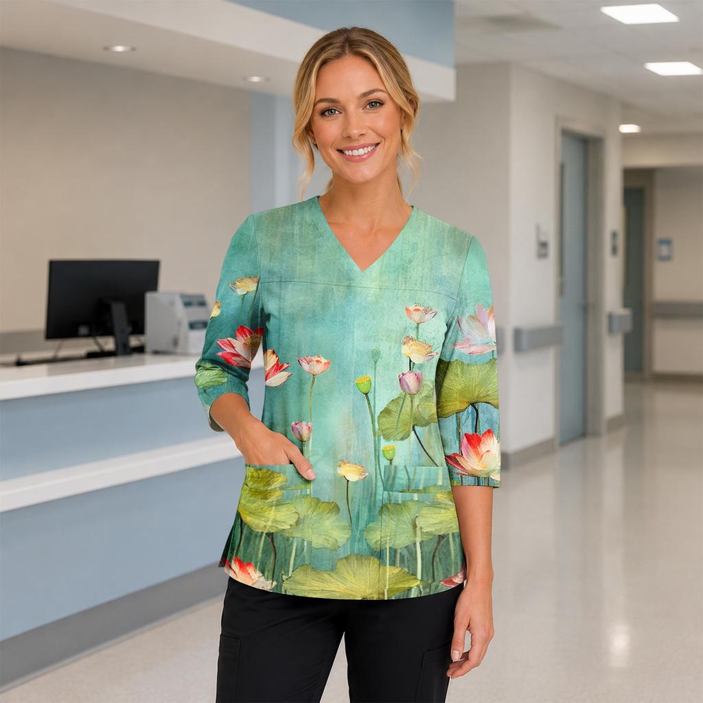 Women's Floral Print V-Neck Scrub Top with Pockets and Side Slits, Three-Quarter Sleeves