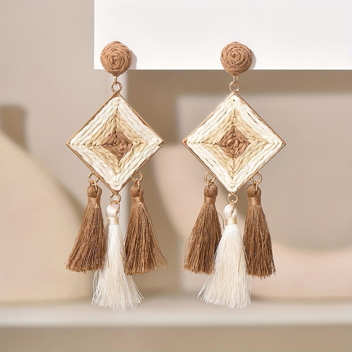 

1 пара женских модных сережек-капель из полиэстера с длинной кисточкой в стиле бохо, плетеные вручную, подходят для подарка