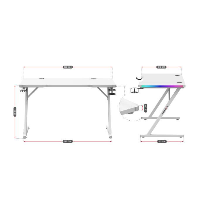 Bureau Gaming - HUZARO - HERO 2.5 - LED RVB - Blanc - 120x60x75cm - Pratique Et Robuste