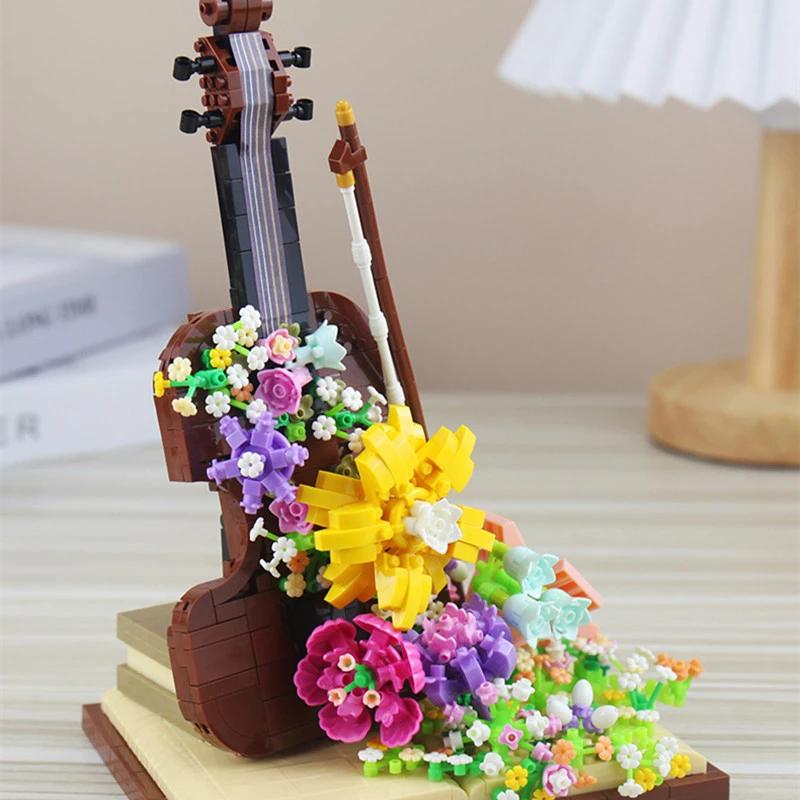 Dreamy Flower Violin Mini Building Blocks Toys Set Fusion of Music & Floral Aesthetics Detailed Design Holiday Gift