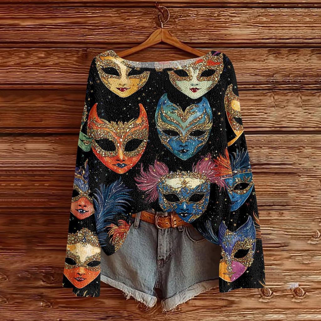 Women's Fashion Round Neck Long Sleeve Print Casual Pullover Sweater Top