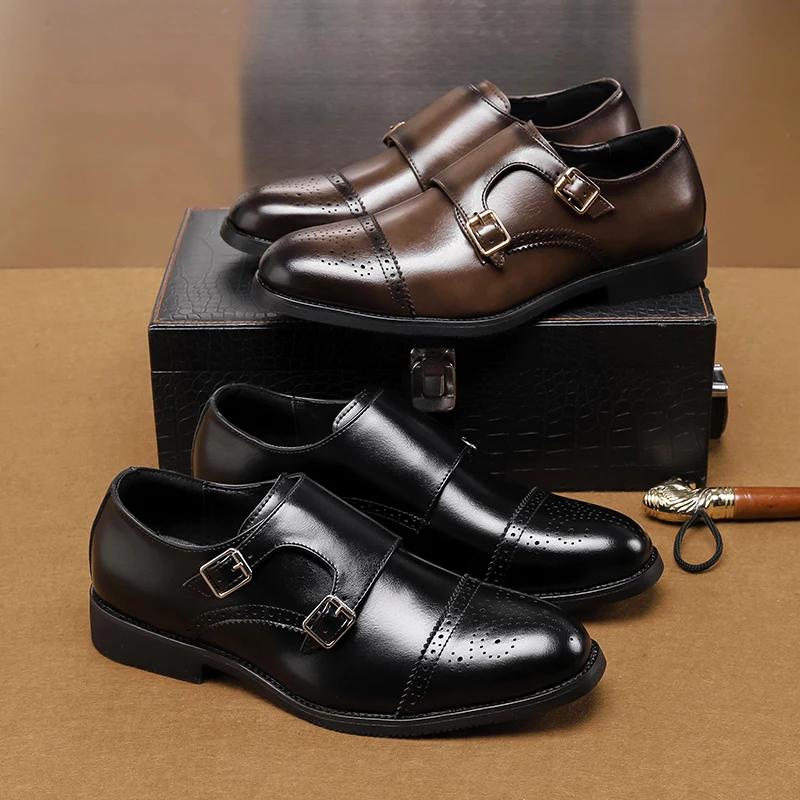 2024 Men's Black Low Top Leather Shoes Classic Double Buckle Fashionable Business Banquet Party Brown Pointed Leather Shoes