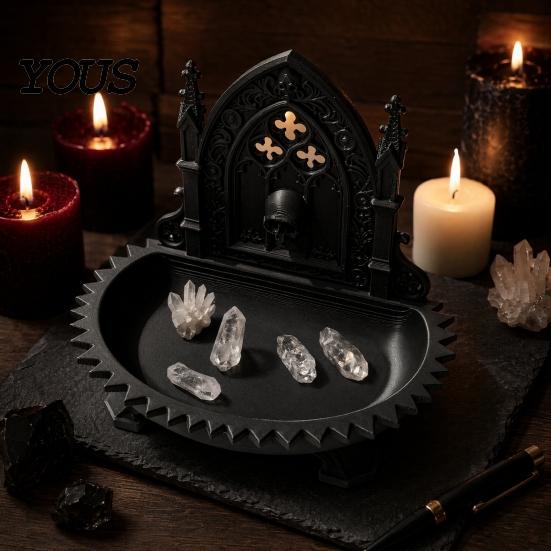 Dark Niche Desk Decor Church Carving Design Storage Box, Matte Black Desktop Organizer for Rings Gothic Home Ornament Bracelets Goth Decor, Style Tray