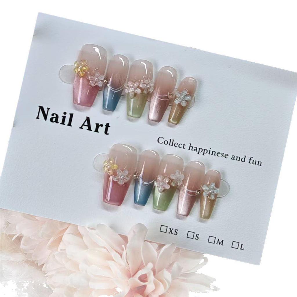 Huayang Time French Colorful Cat Eye Crystal Flower Nails, Handmade for Fresh Spring/Summer Wear