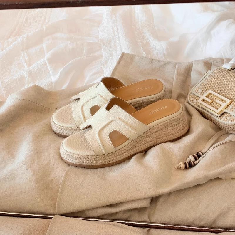 Shoes heightened 6cm retro word with thick-soled wedge heel H drag cool slippers female summer