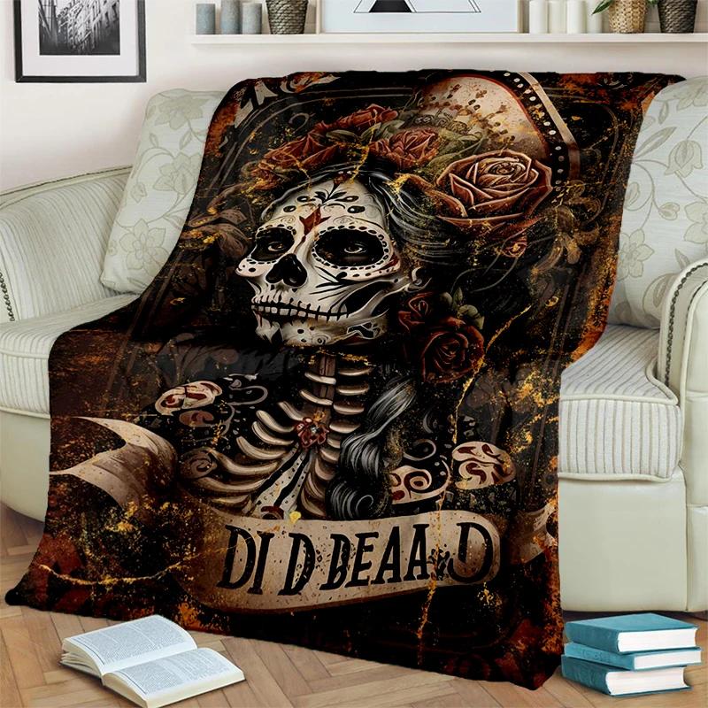 Gotisch Schedel Gezicht Roos Vrouw Verschrikkelijke Cartoon Deken, Zachte Plaid Deken voor Huis Slaapkamer Bed Bank Reis Picknick Cover Kinder Cadeau