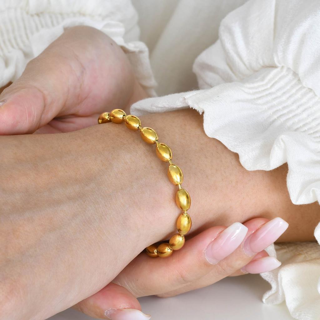 Ladies Stainless Steel Chain Width 2Mm 3Mm 5Mm Rugby Bead Bracelet 18K Gold
