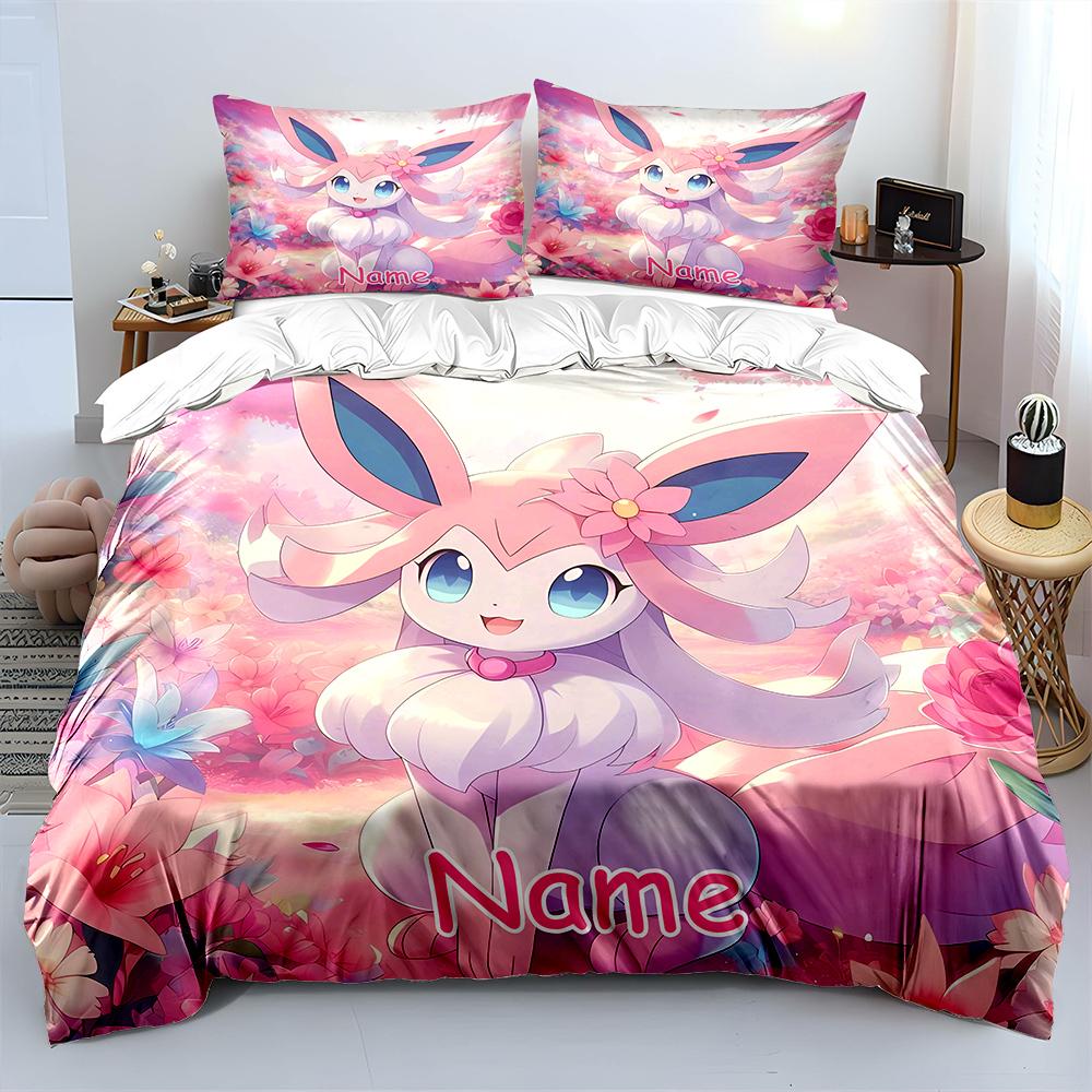 Custom Name Cute Pokemon Sylveon Printed Bedding Set 1 Duvet Cover 2 Pillowcases Boys Girls Children Luxury Gifts Multiple Sizes
