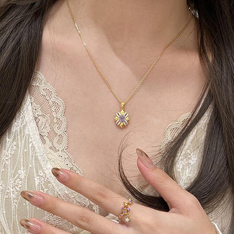 light luxury exquisite rhombus purple Zircon necklace for women Vintage palace style pendant party wedding romantic