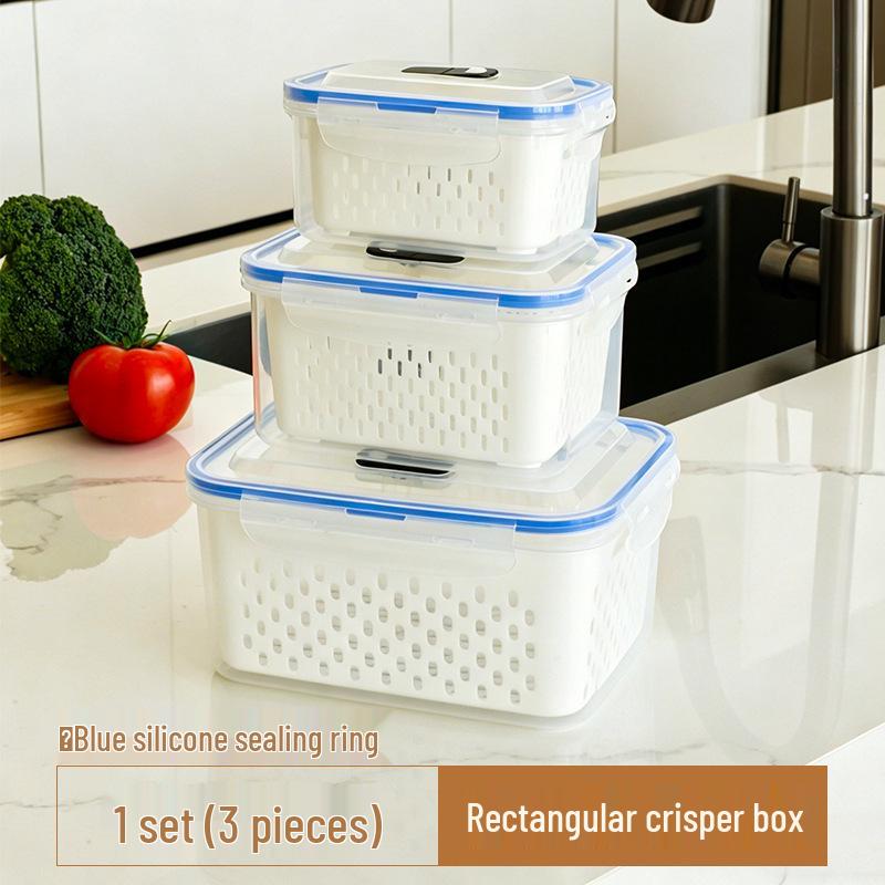 Japanese Double-Layer Food Storage Box with Draining and Fresh-Keeping Function for Refrigerator and Freezer Use.