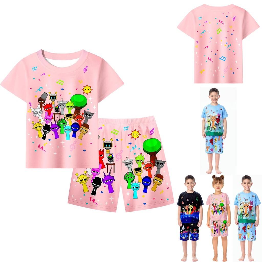 Sprunki Print Kids Casual Cotton Pajamas Set For Boys Girls Summer Lounge Wear Twopiece Suit For 8 Years