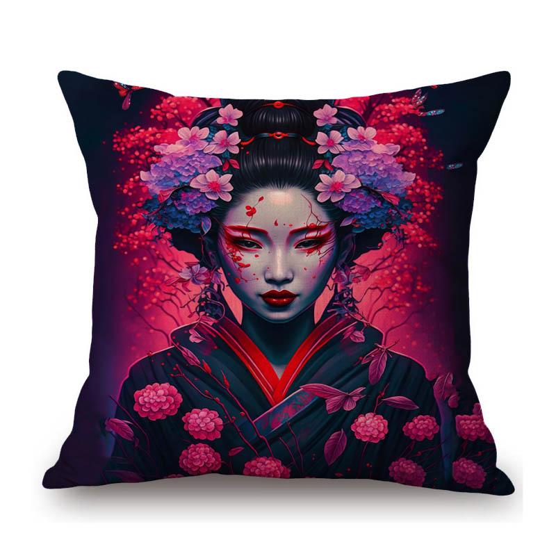 Pretty Japanese Girl Geisha Sakura Lovely Beautiful Woman Asian Culture Art Decorative Sofa Pillow Case Linen Cushion Cover