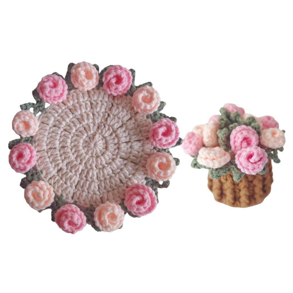 Almofada Térmica de Crochê de Lã Feita à Mão Decorações de Mesa Presentes Criativos de Feriado Flor Rosa Produtos Acabados