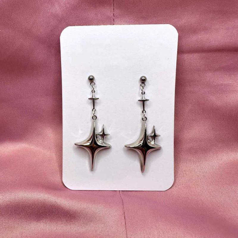 Gothic Y2K Silver Star Cross Dangle Earrings Retro Shiny Design