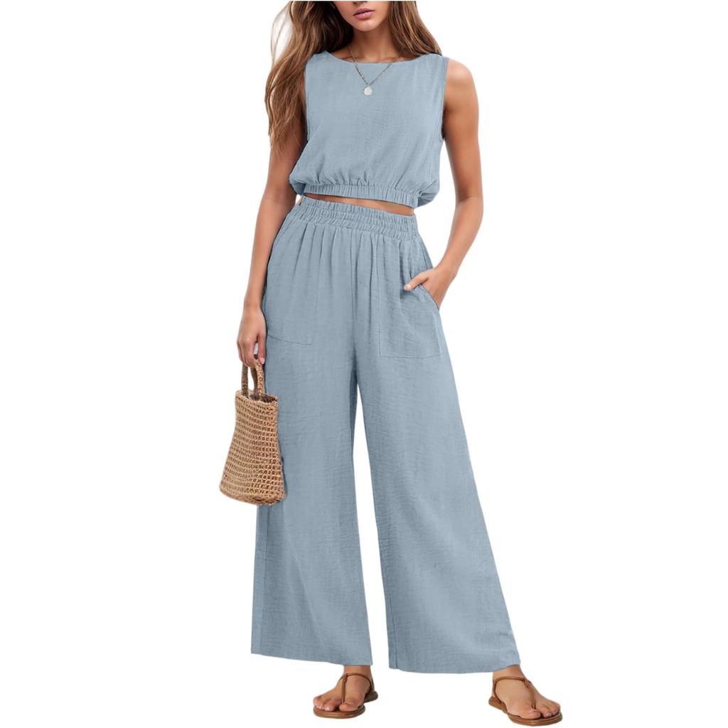Damenmode Lässiges Ärmelloses Tanktop Mit Elastischem Saum Und High Waist Weiter Bein Zweiteiliges Set